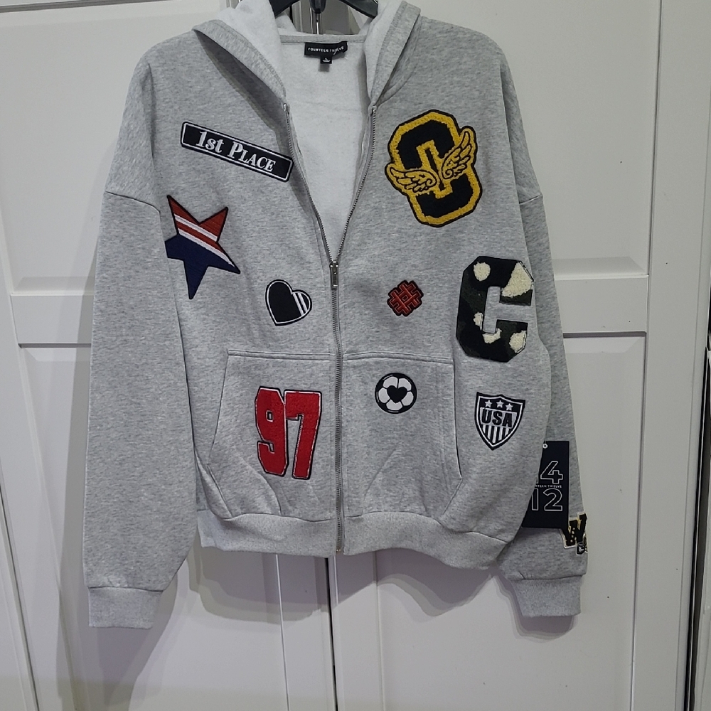 Womens Sport Varsity Gray Hooded Patchwork Jacket Size L Never Used Cozy.